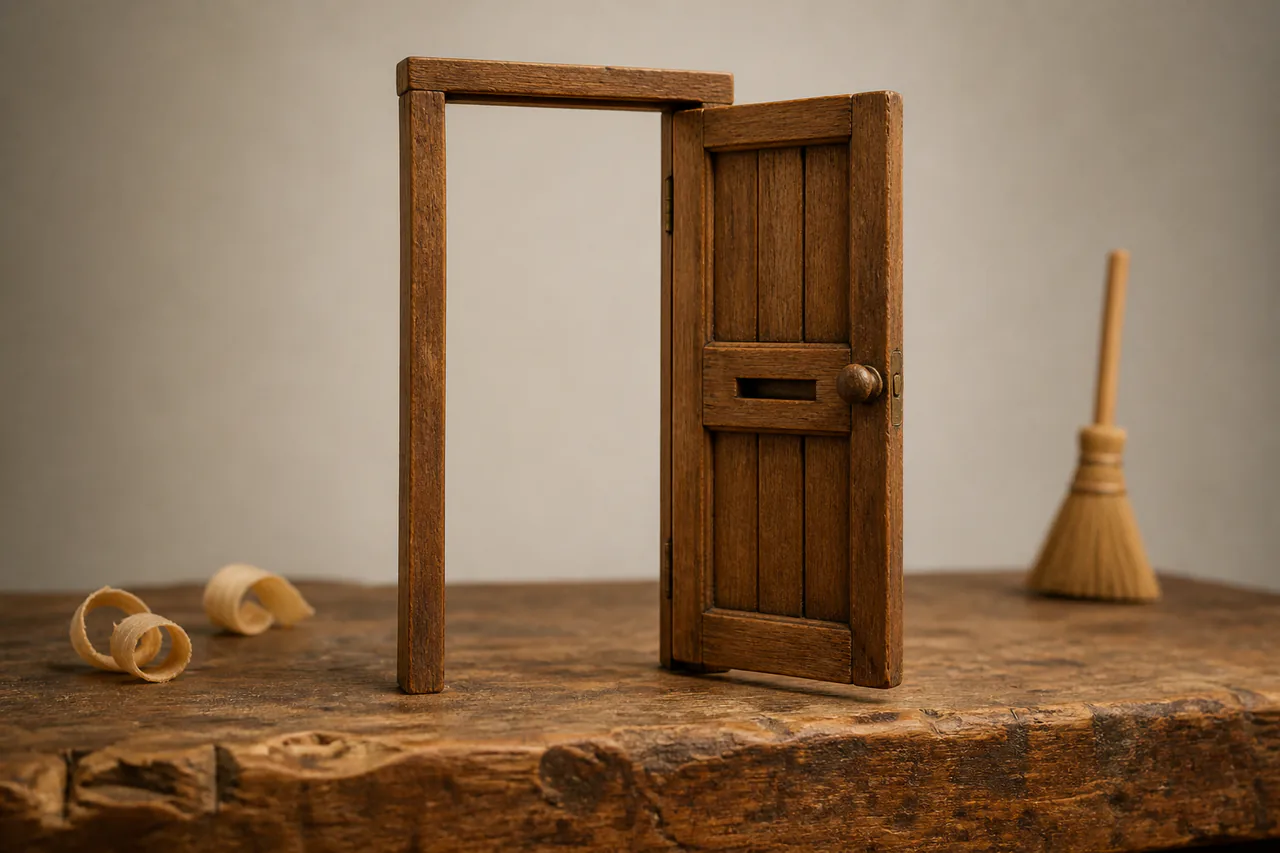 Hand-height wooden door open against a seamless neutral absence with no room behind it