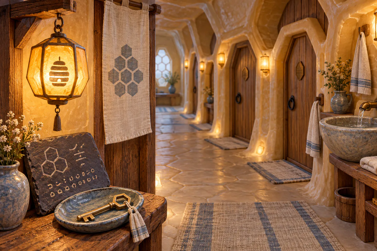 Editorial reconstruction of a quiet guest passage with small alcove doors, shared basin and one warm amber arrival lantern