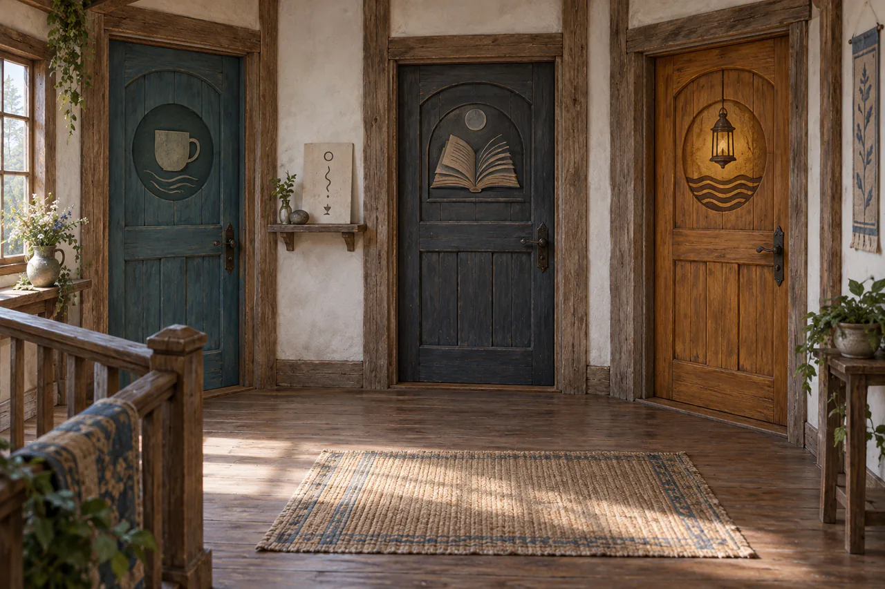 Editorial reconstruction of a free room-founding landing with three independently styled child-room doors and no beds