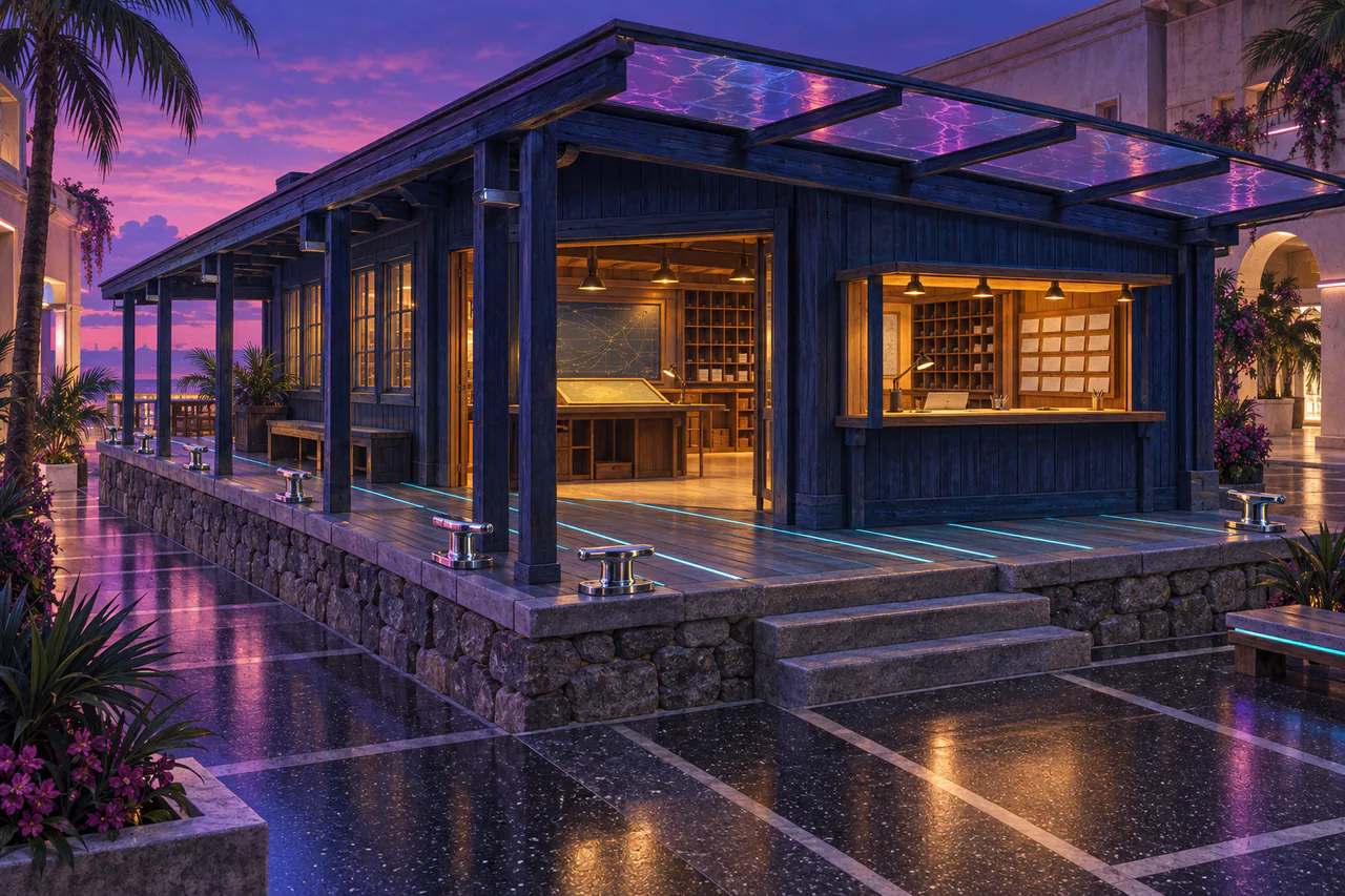 A long dockhouse of dark blue timber sits on a dry stone platform beside the Concourse's pedestrian street. Chrome cleats edge its broad porch; cyan strips trace floorboards toward a square amber-lit correspondence window