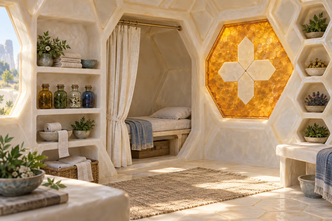 Editorial reconstruction of a clean white-wax care room with remedy cells, curtained resting alcove and an amber hexagon around a pale cross-shaped inlay