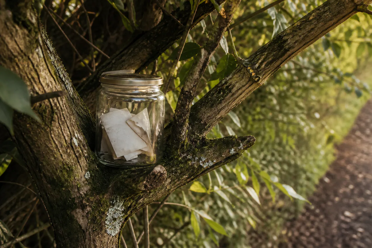 Plain glass jar containing folded blank paper slips, resting in the fork of a mossy hedge branch