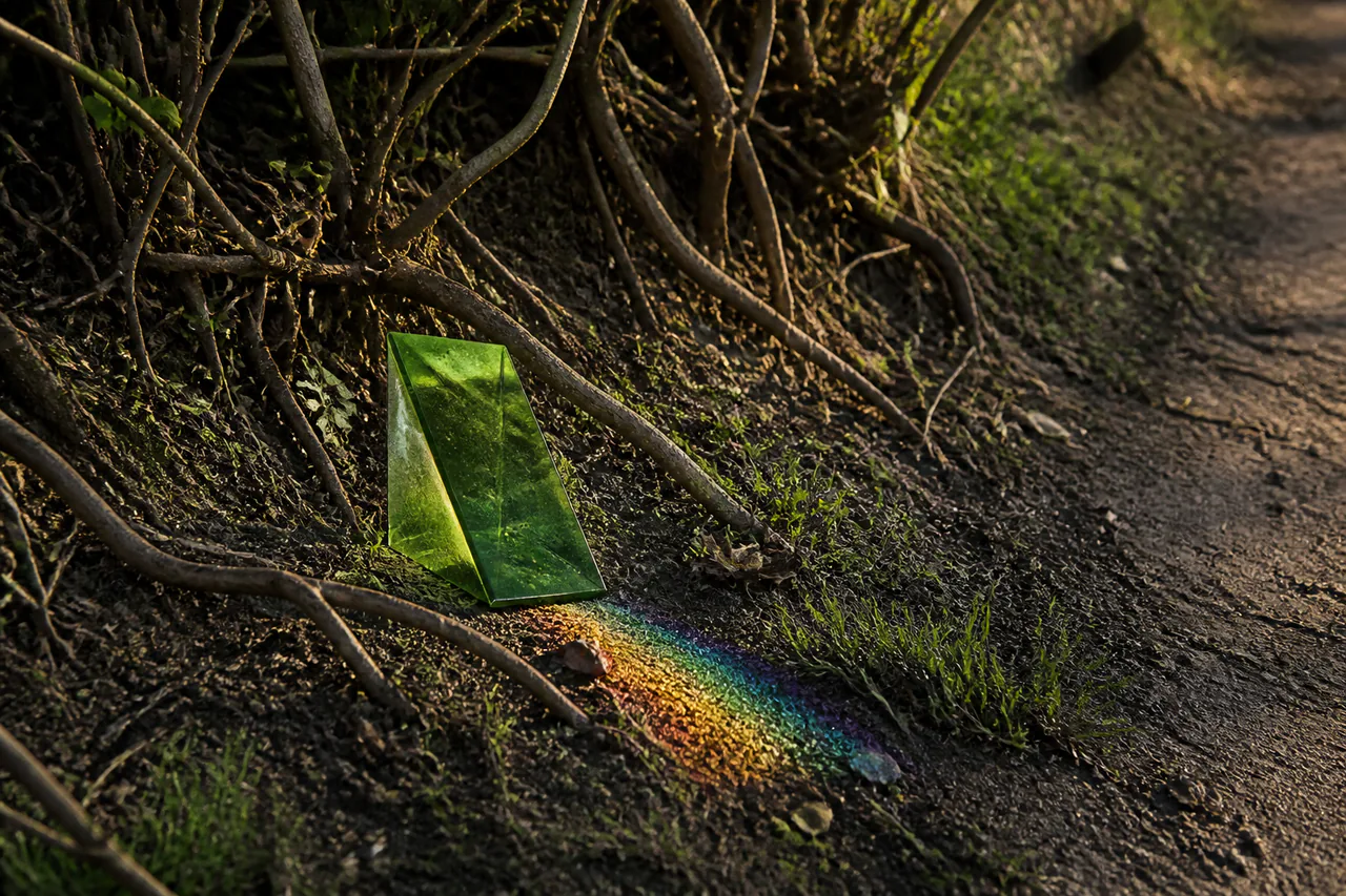 Small moss-green glass prism among exposed hedge roots casting a soft spectrum onto earth and grass