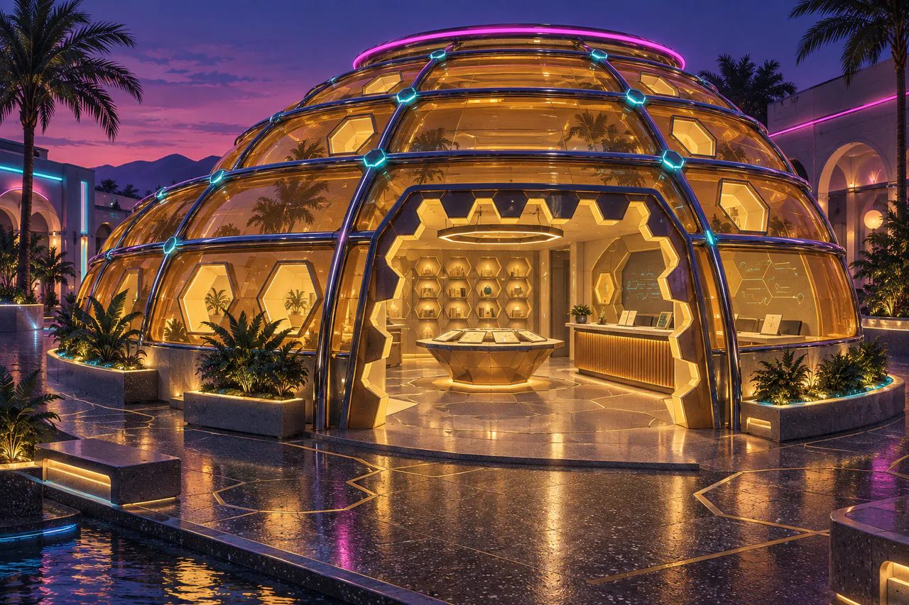 A broad golden skep-shaped pavilion is formed from curved amber-glass bands held by fine chrome ribs. Hexagonal windows glow honey-yellow, with cyan joints and a magenta rim around the low roof