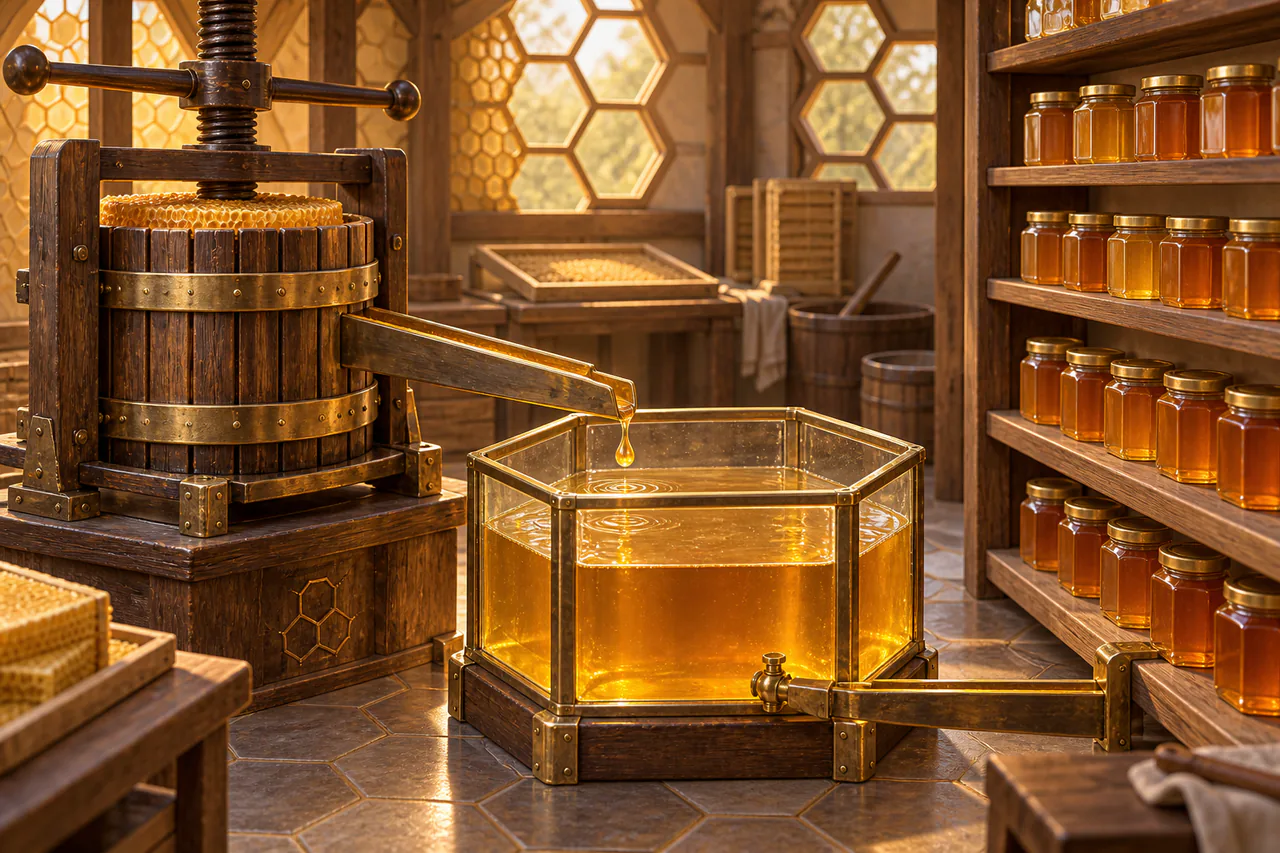 Editorial reconstruction of a honeycomb workshop with a great press, one hexagonal settling vat, a bright falling drop and rows of jars