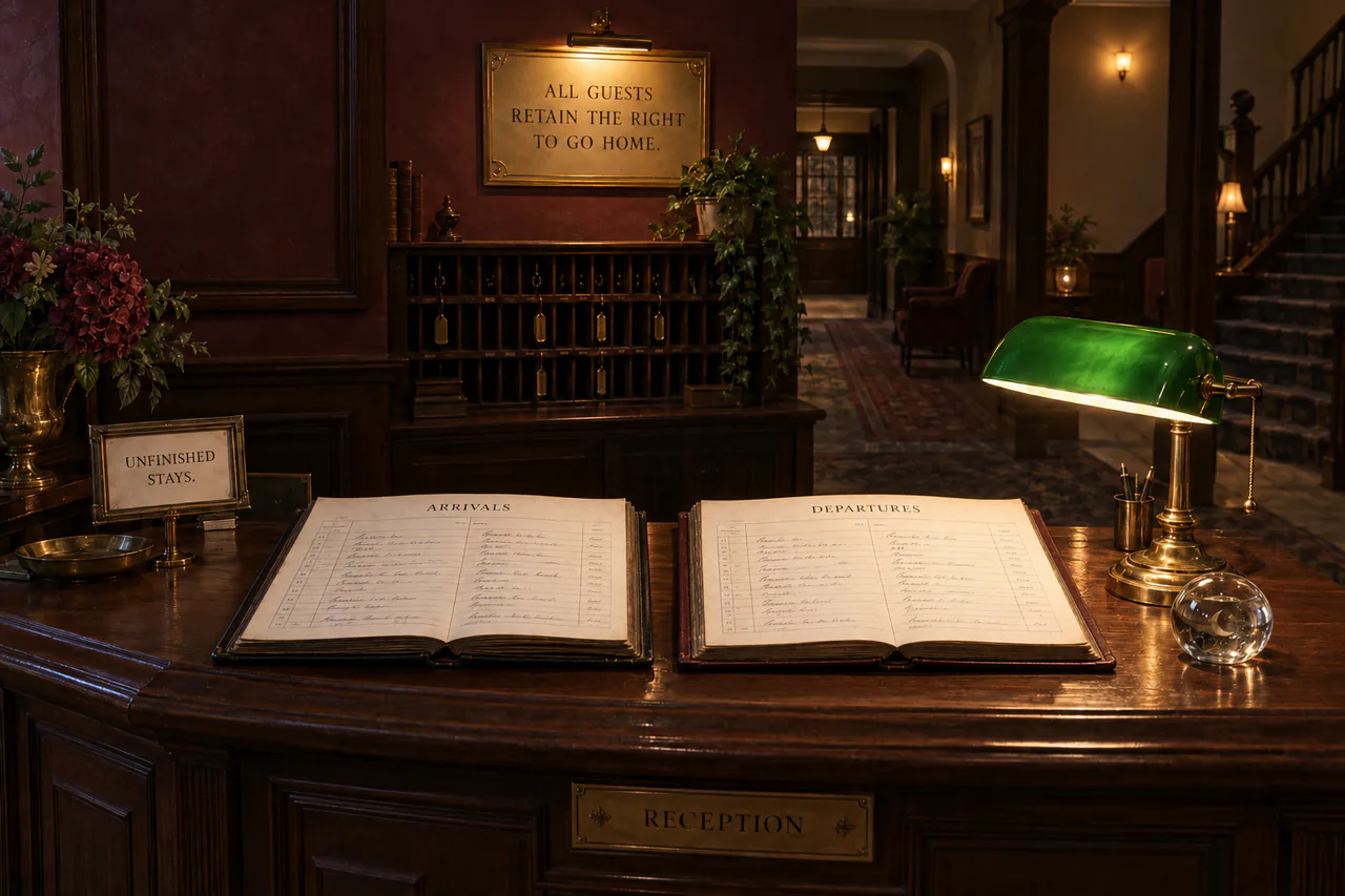 Two separate open ledgers on a polished reception desk under a green-shaded lamp, with a glass paperweight and a brass notice preserving the right to go home.