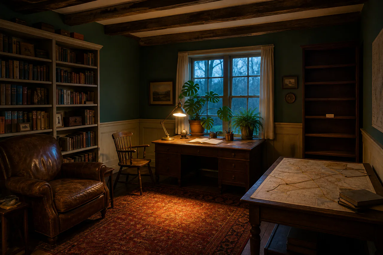 Click to enlarge Hunter-green study with beams, blue-lit window, writing desk, two chairs, plants, red rug, map table and an empty shelf