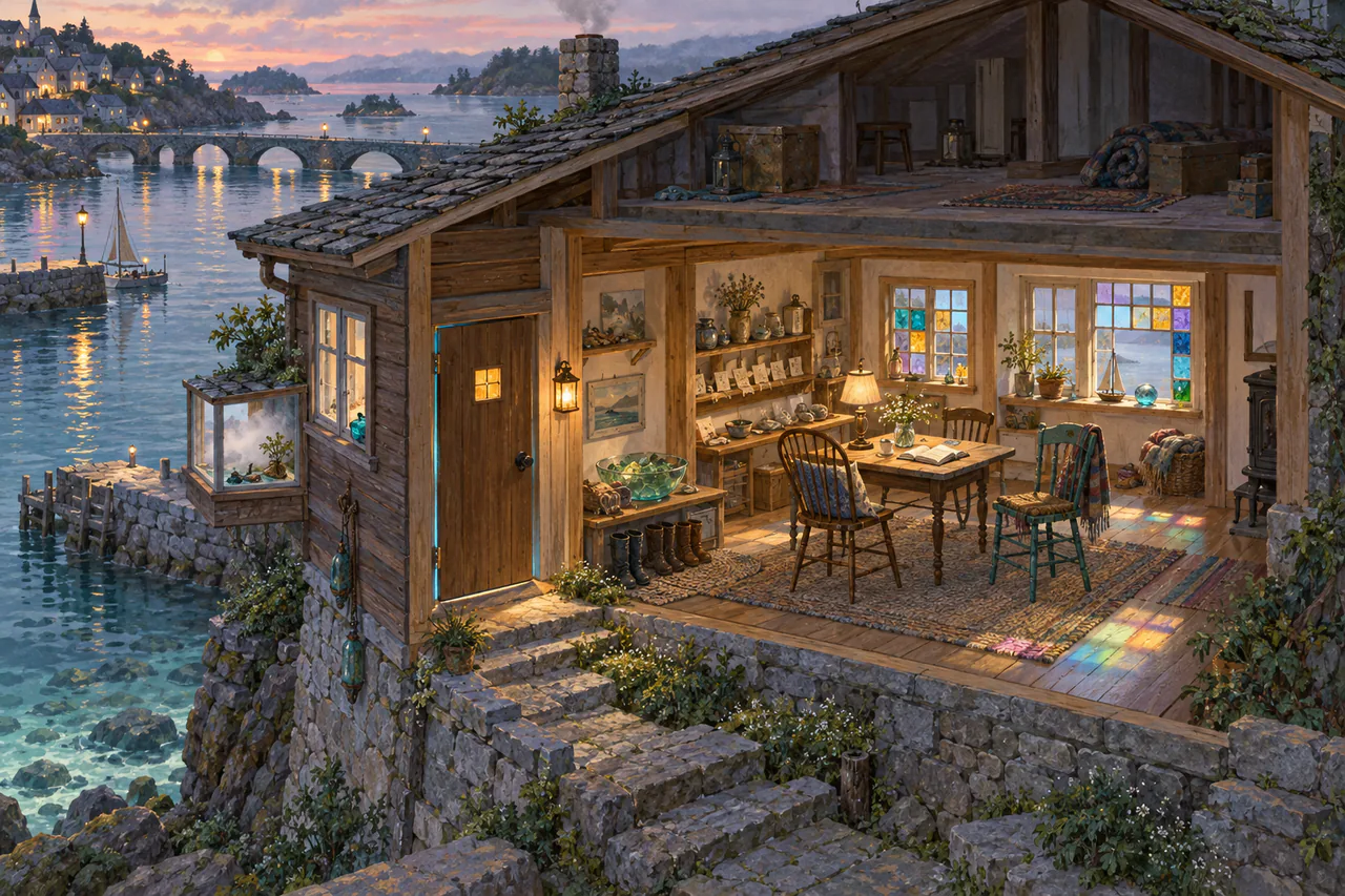 A small cedar-and-stone house above a bridge, with an amber door pane, sea-glass bowl, open book, working lamp, public shelf and mismatched chairs.