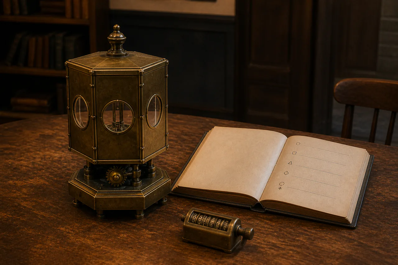 Close view of a six-faced brass clockwork lamp, equal outcome marks, public ledger and mechanical counter