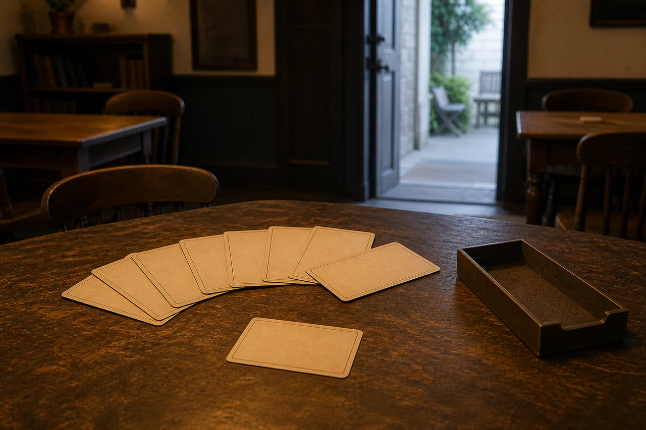 Loose incomplete fan of blank prompt cards with one sideways change, one card still available and an open-ended holder
