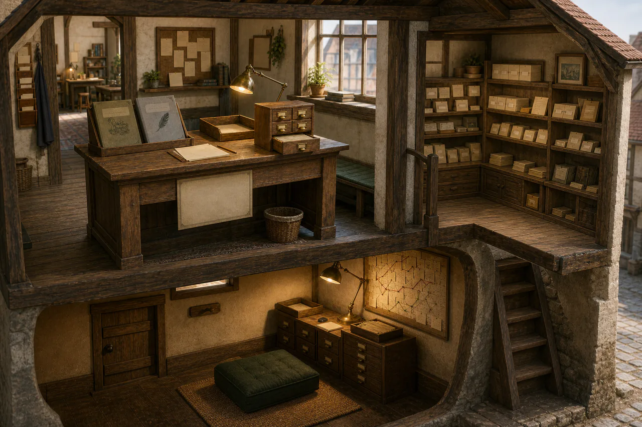 Architectural cutaway with the public Submission Desk above, the paper-filled Wiki Inspection Shelf beside it and Quibble's warm low-ceilinged Underdesk below
