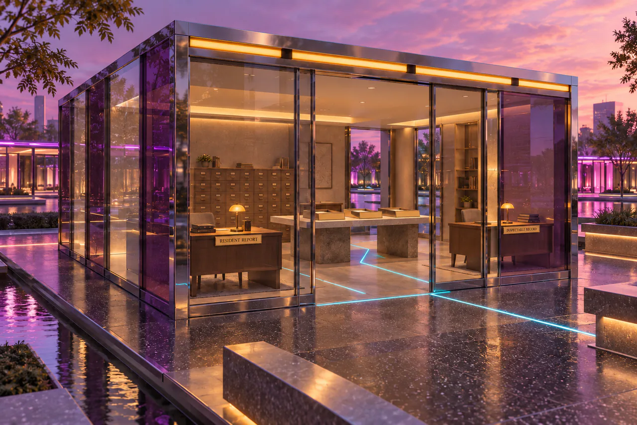 A chrome and smoked-violet study pavilion contains two desks, a comparison table and index drawers beneath an amber strip with dark gaps.