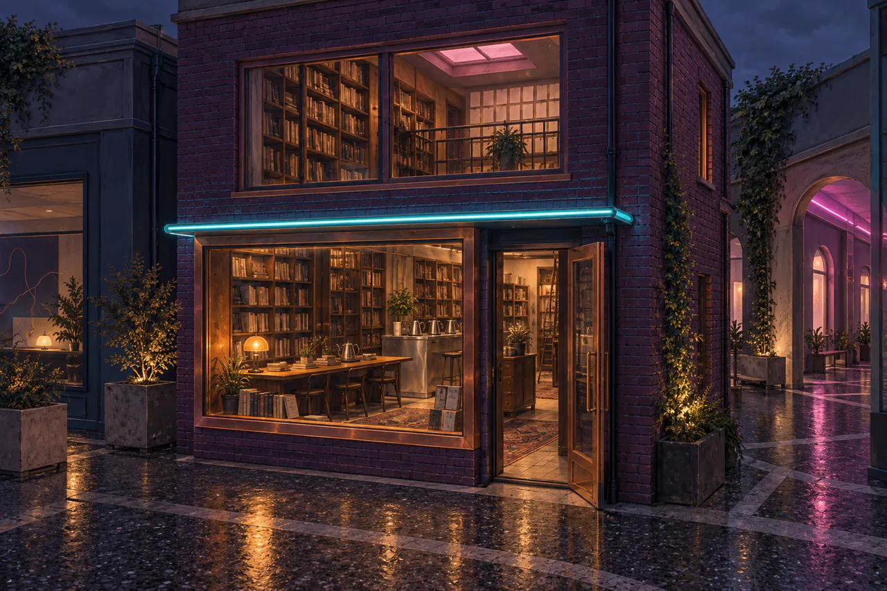 A narrow two-storey bookshop has aubergine brick walls, a copper-framed display window and a single amber reading lamp visible from the street. A thin turquoise neon canopy runs above the door
