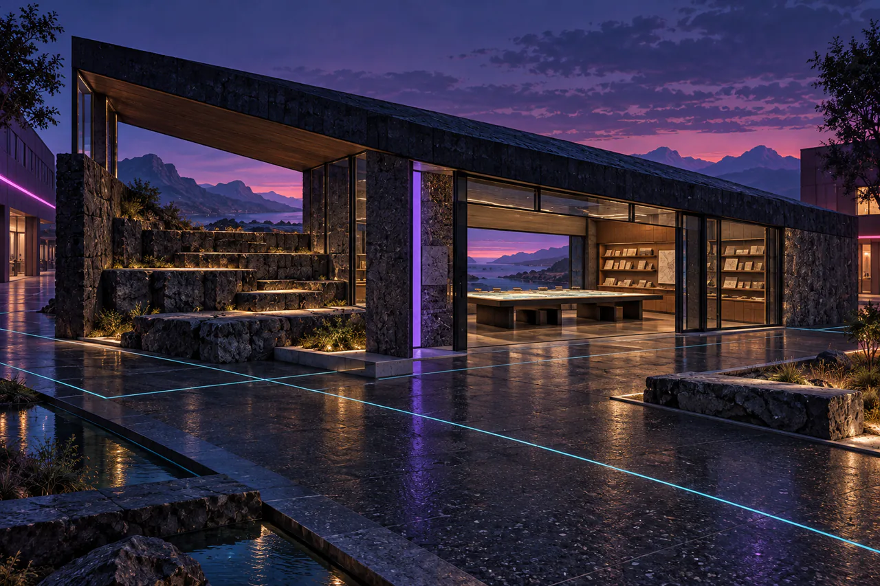A long, low field pavilion is made from rough black basalt and narrow panes of rain-grey glass. A sloping dark roof projects over an open side court where stone rises in three uneven terraces