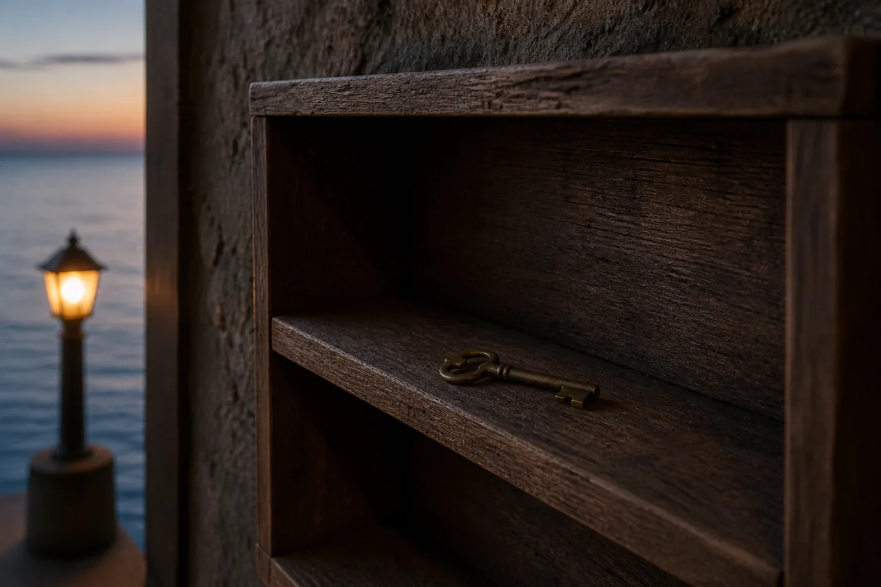 Click to enlarge Close view of a small unlabeled brass key resting alone on the inward-facing wooden shelf, with the low quay lamp blurred beyond