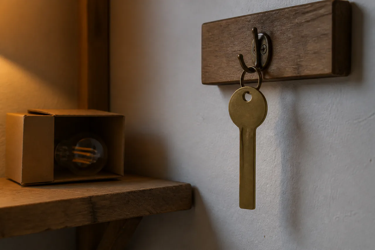 Close view of a smooth uncut brass key blank hanging beside a boxed replacement light bulb