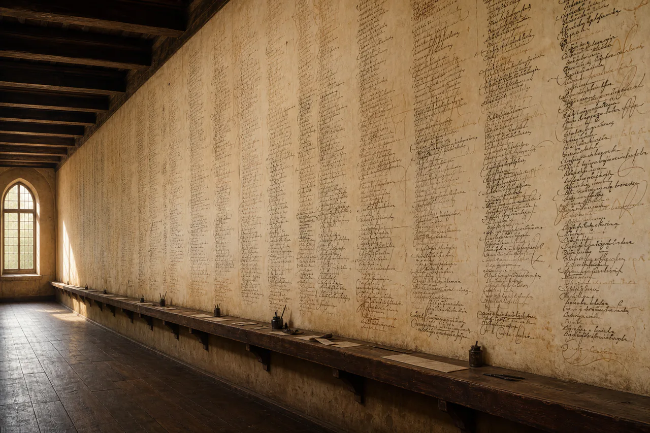 A long quiet room with a continuous handwritten poem descending one wall, a narrow writing shelf and no portraits of its many authors