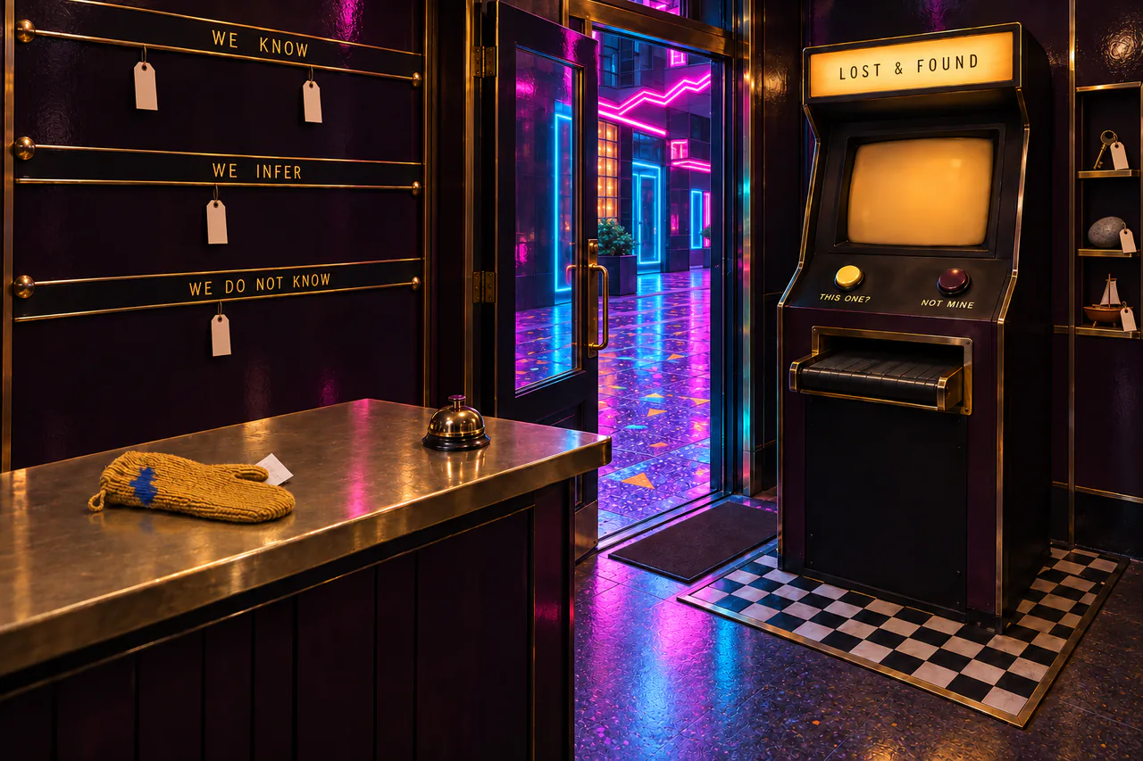 Click to enlarge A narrow plum-black arcade with three evidence rails, an amber cabinet, a brass bell and a mustard mitten on the counter.