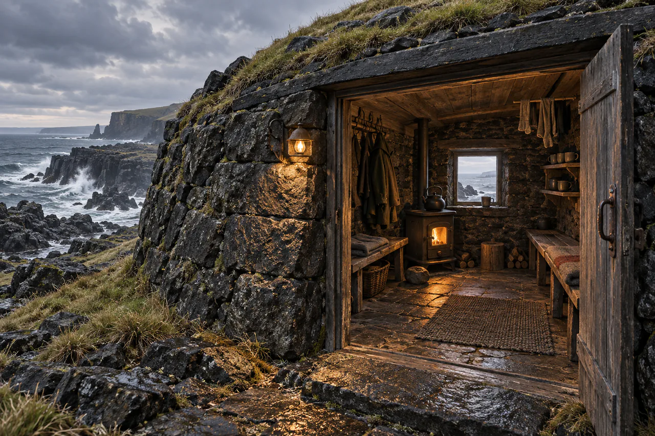 A low turf-roofed black-basalt shelter with a hooded door lamp, iron stove, benches and a narrow view of the cold sea.