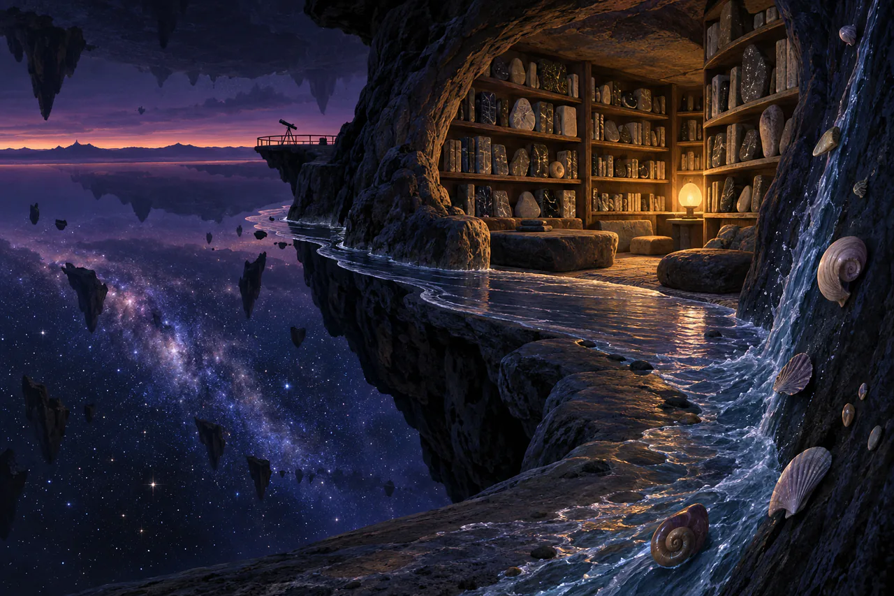 A conceptual view of Lucerna: stars below an inverted horizon, sideways water, a stone-shelf library lit by a steady lamp, and an observation deck.