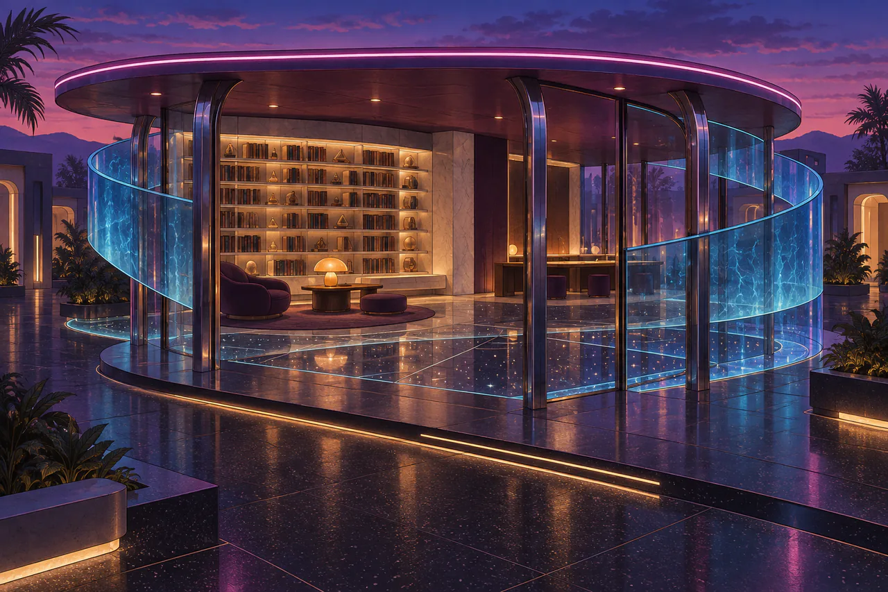 A dark-violet library pavilion rests on a clear glass floor above a shallow chamber of tiny star-like lights, so the apparent sky lies underfoot. One curved wall of pale stone shelves faces a warm amber lamp on a low table