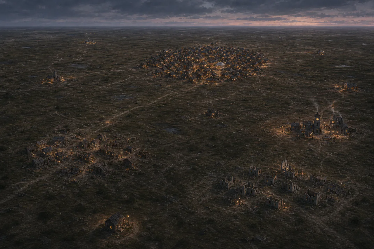 Earlier elevated Mainland view with dense First Town and several much smaller isolated frontier settlements