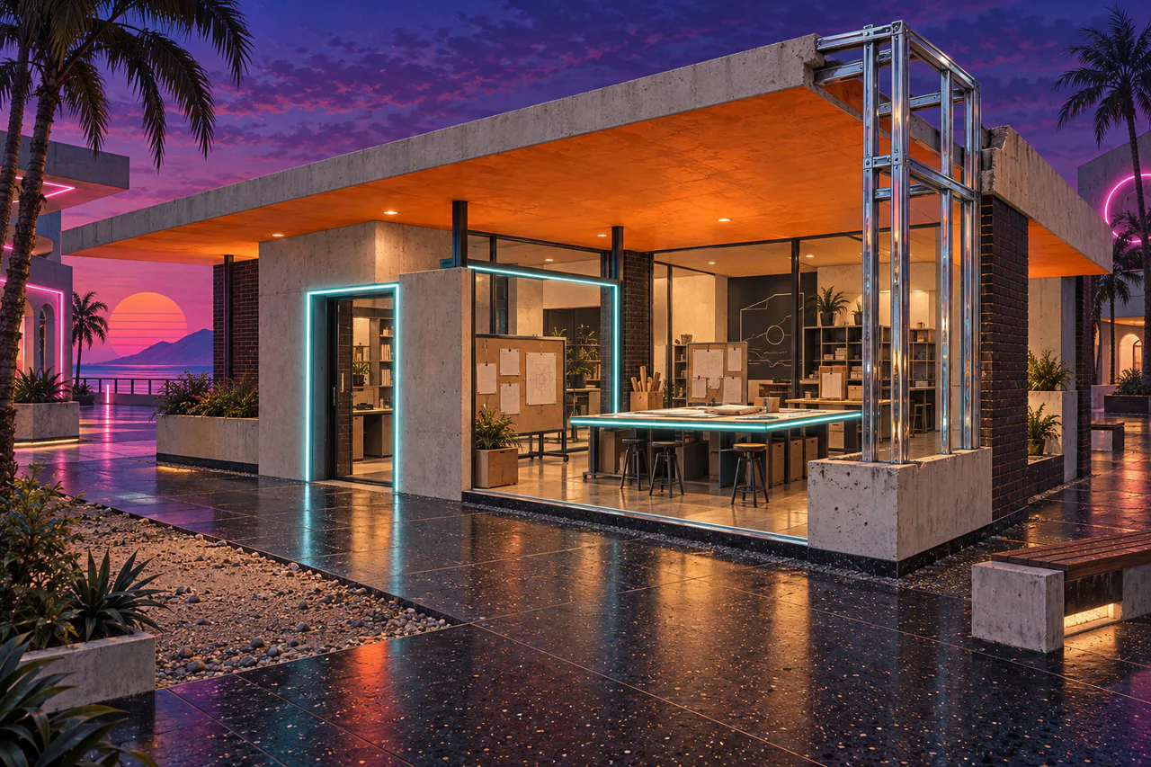A low civic workshop of pale concrete and dark brick stands beneath a broad orange canopy. One deliberately unfinished corner exposes a tidy chrome frame
