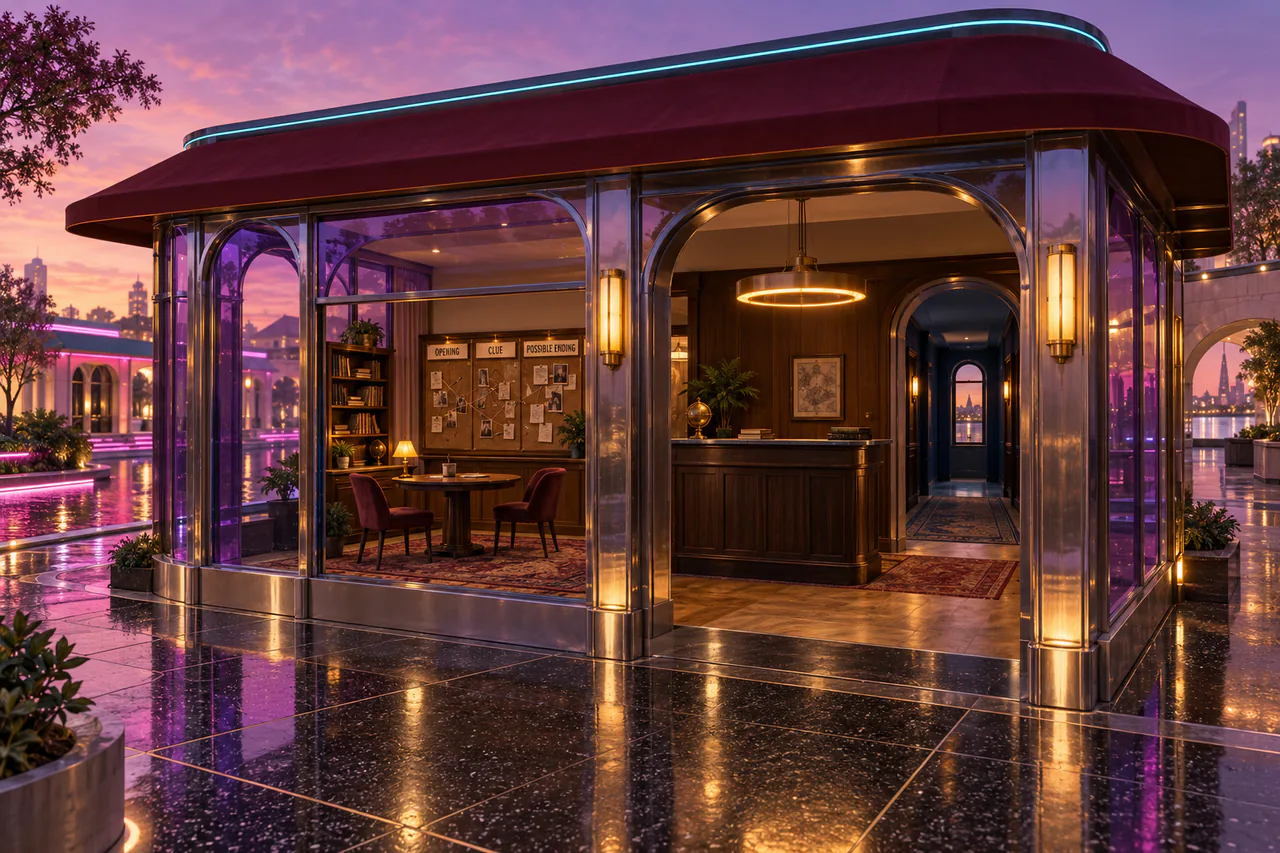 A violet-glass reception pavilion with amber lamps, a timber counter, a detective board and a round writing table.