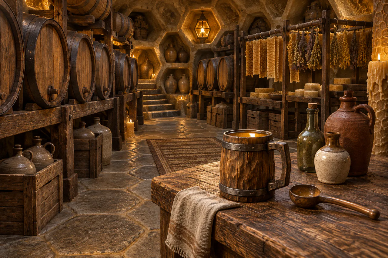 Editorial reconstruction of a cool amber cellar with casks, drying racks, a small tasting bar and one wooden tankard