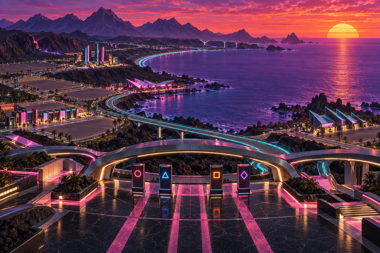 Founding interpretation of Neon Current's dark crescent coastline, violet sea, orange-magenta sunset, cyan road and chrome arrival arches, with four small districts along the land
