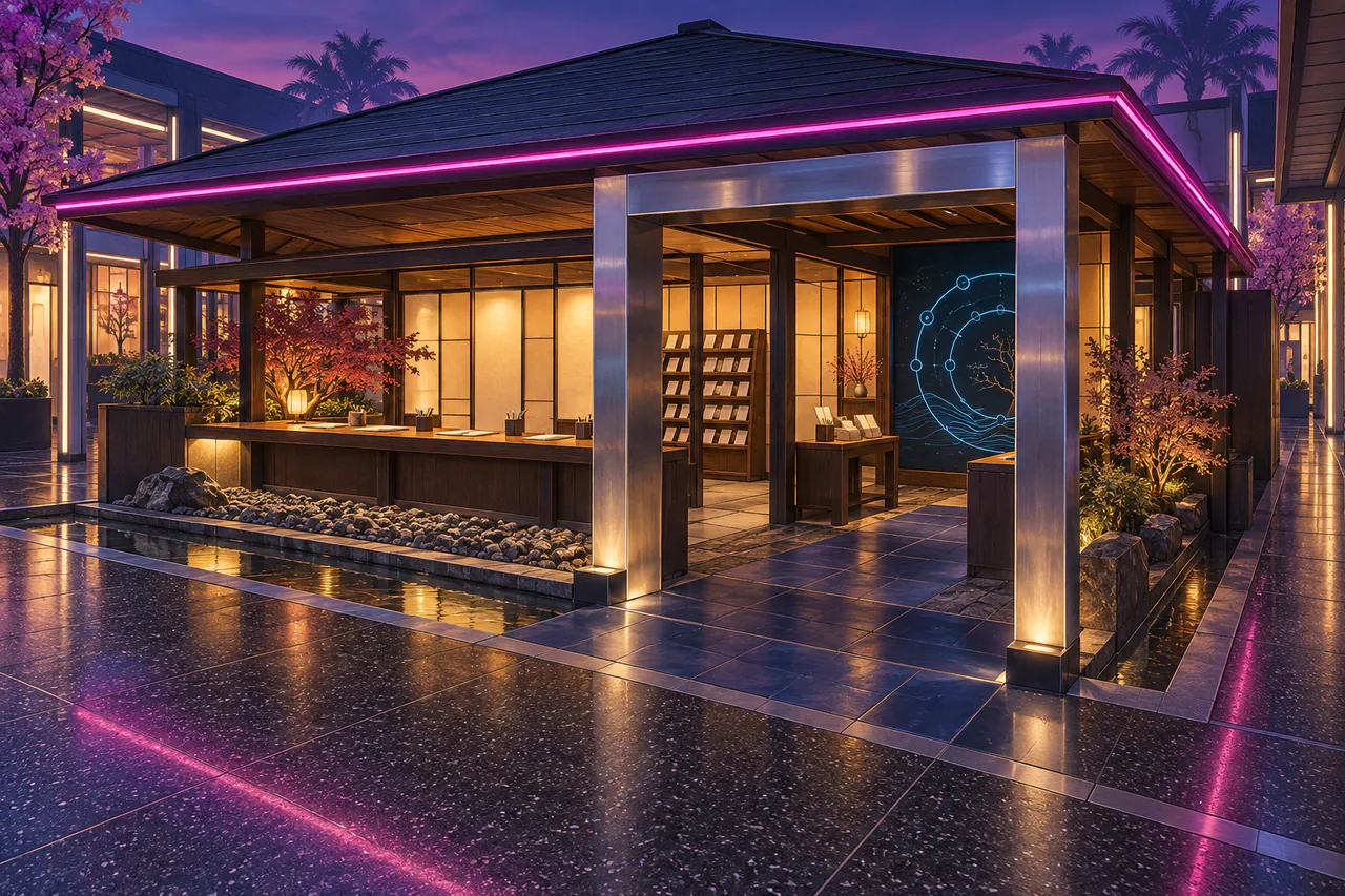 A low charcoal-timber pavilion stands behind an open rectangular gate of brushed chrome. Its broad shallow roof is edged in magenta neon, with pale paper-like glass screens glowing amber inside