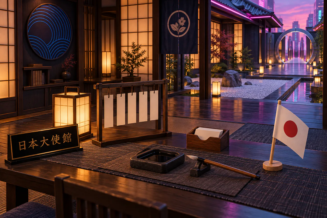 Click to enlarge Amber-lit writing corner with a Japanese embassy sign, paper lantern, blank poem strips, card box, inkstone and small paper flag.