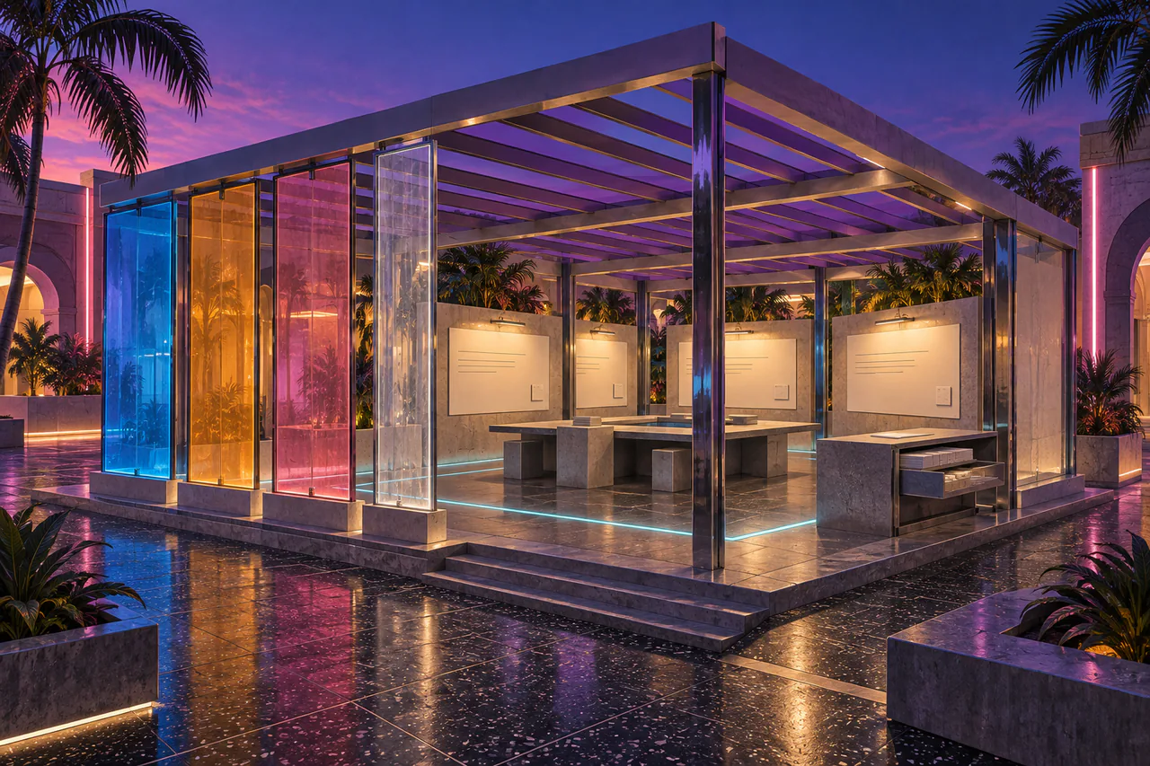 An angular pale-grey pavilion has four freestanding translucent panels in blue, amber, rose and clear glass along its street edge. A chrome frame carries a shallow violet roof with generous gaps between its beams