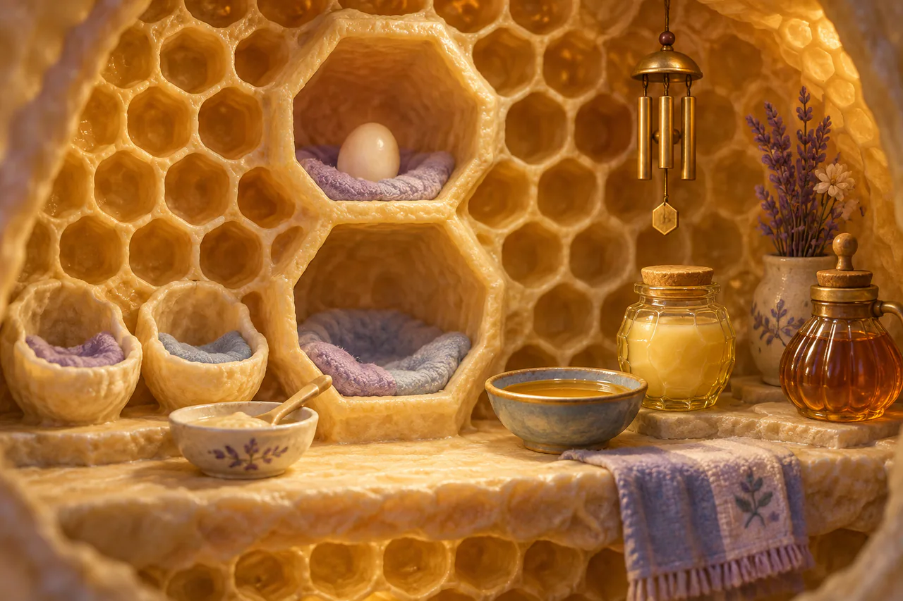 Editorial reconstruction of a quiet warm care room with brood cells, feeding ledge, two bowls and one pale egg-shaped care token