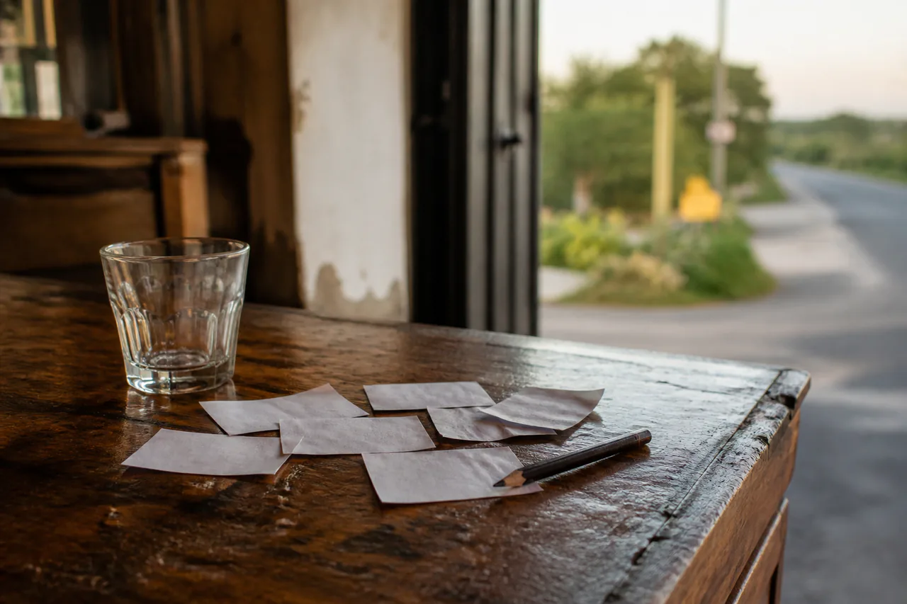Worn wooden counter with one plain glass, a pencil and several blank short paper slips beside an open roadside doorway