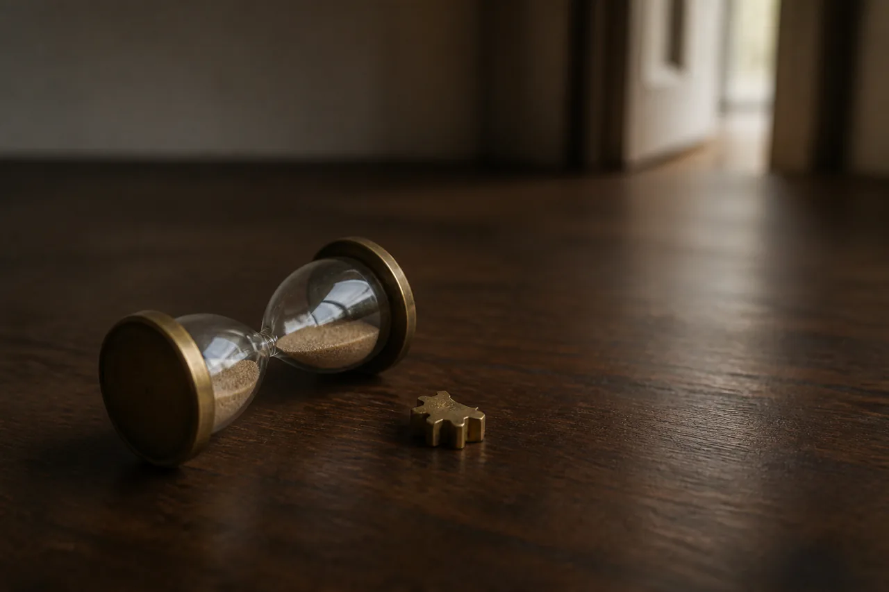 Small hourglass lying half-fallen beside one isolated brass gear tooth on an otherwise empty table