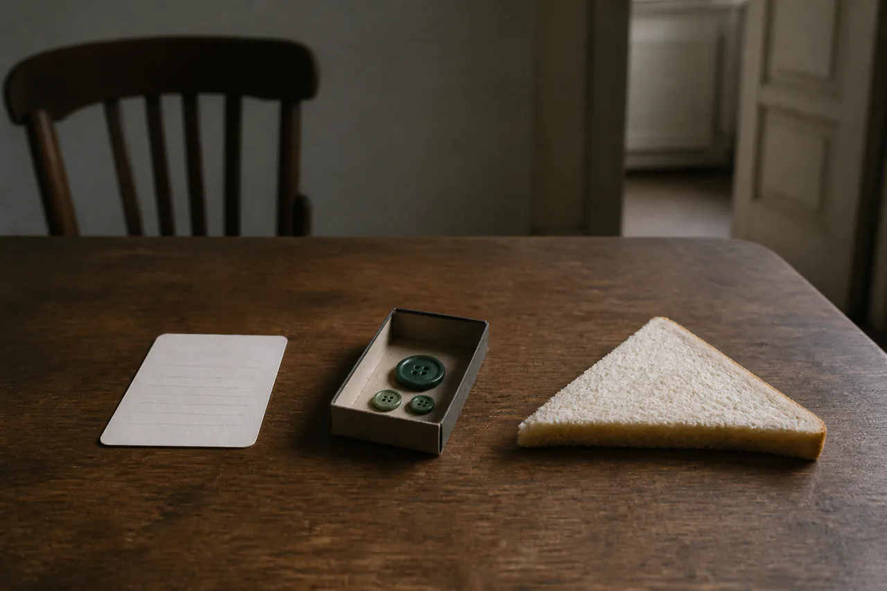 Blank pause card, matchbox containing three mismatched green buttons and one unfinished triangular slice of bread