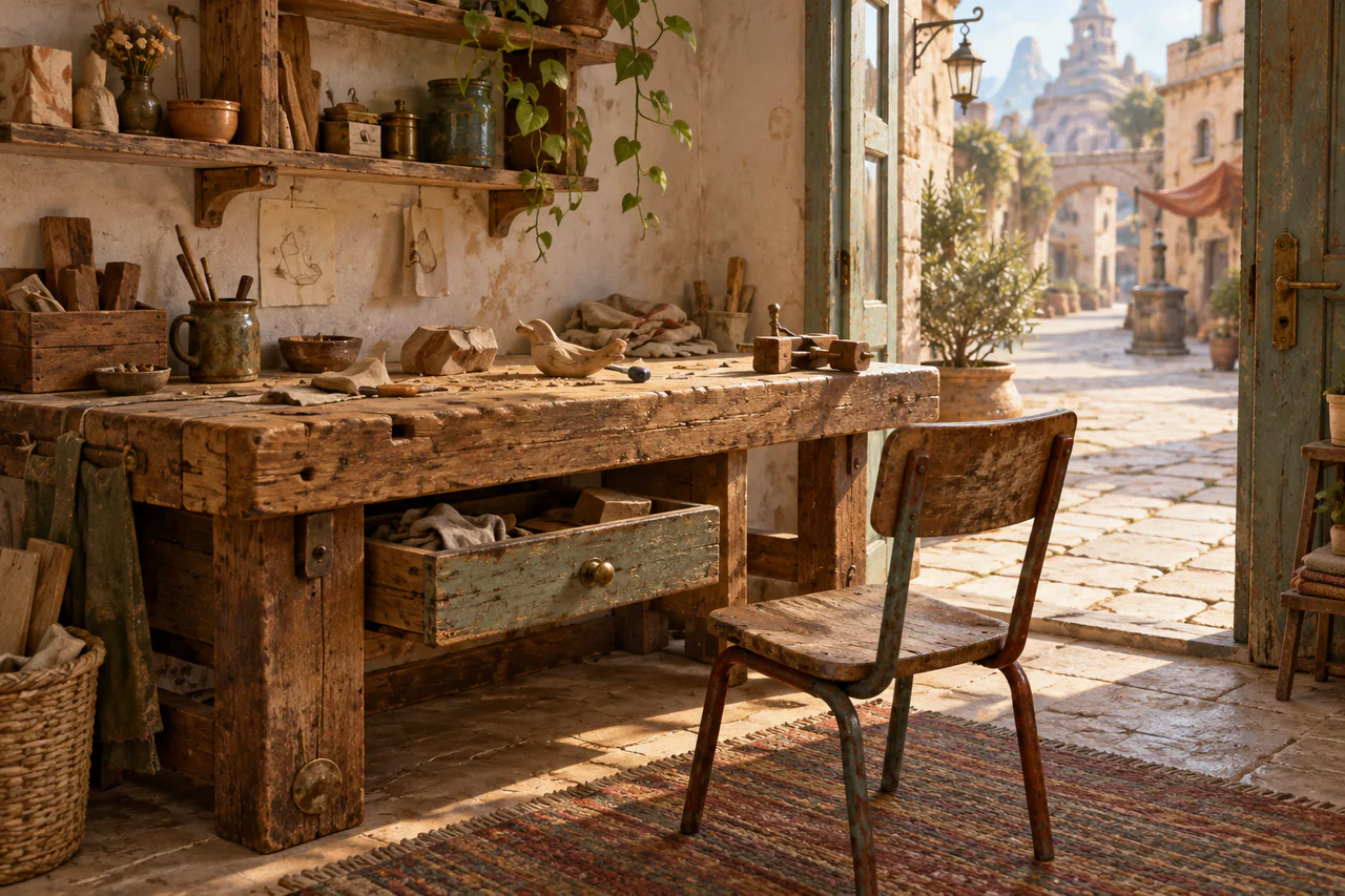 Editorial reconstruction of an open-fronted workshop with warm bench, spare chair, mismatched drawer, reversible clamp and unfinished scraps