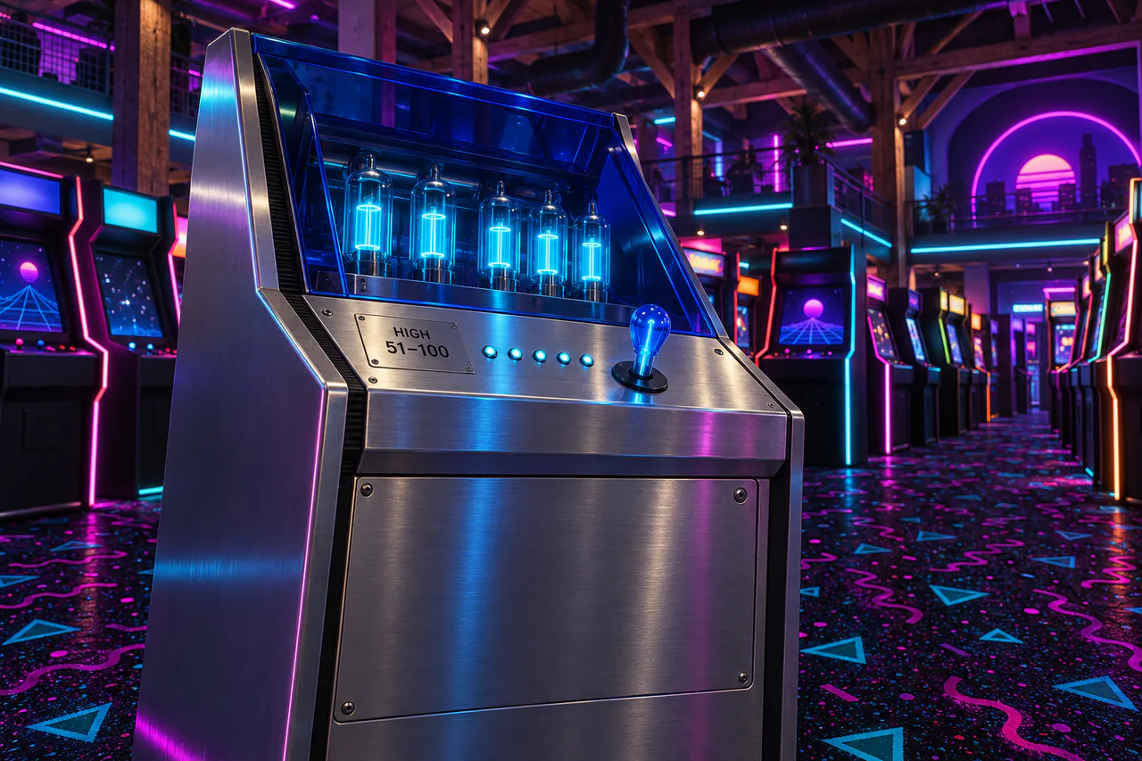 A brushed-aluminum arcade console with a cobalt glass hood, cyan vacuum tubes and a translucent blue lever in a neon arcade.