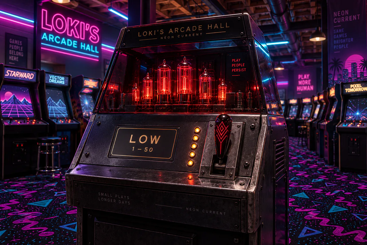 A smoked black-glass arcade console with red vacuum tubes, a heavy dark lever and five amber lights in a neon arcade.