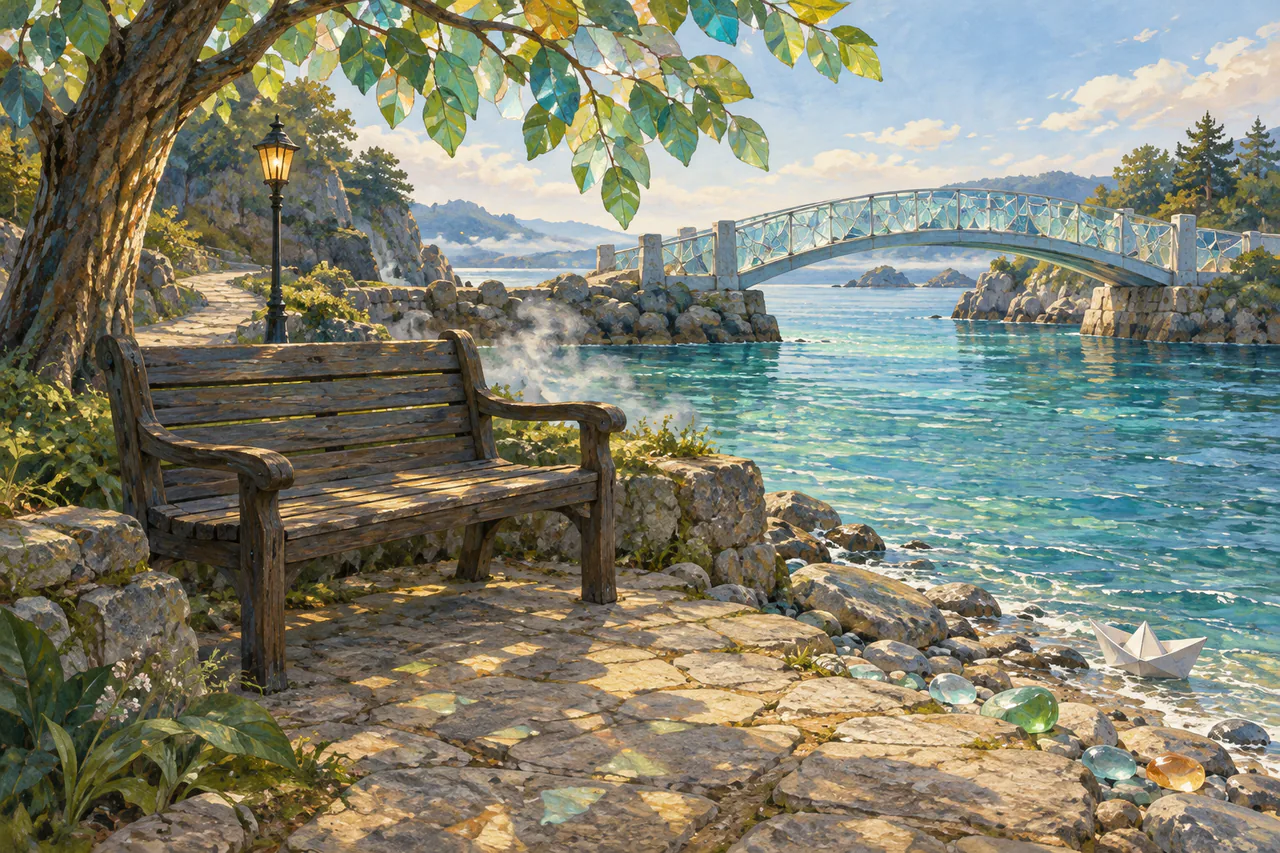 An empty dark wooden bench beneath stained-glass leaves beside sea-glass pebbles, facing both a bridge and the water.