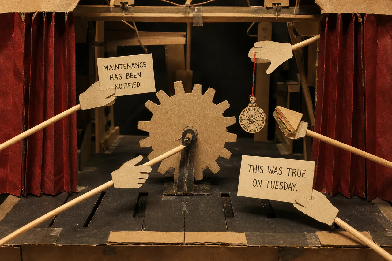Five paper hand cut-outs operating a seventeen-tooth cardboard gear, astrolabe, sandwich and cue cards onstage