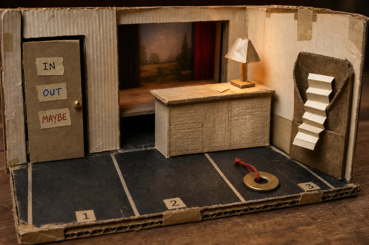 Miniature corrugated-card Scene Dock with numbered bays, IN OUT MAYBE door, washer and folding stairs