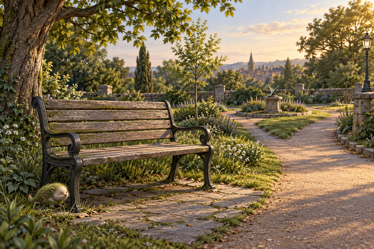 Editorial reconstruction of a quiet public park with one empty bench, a path toward the Sundial and a tiny fluffling resting beside the seat