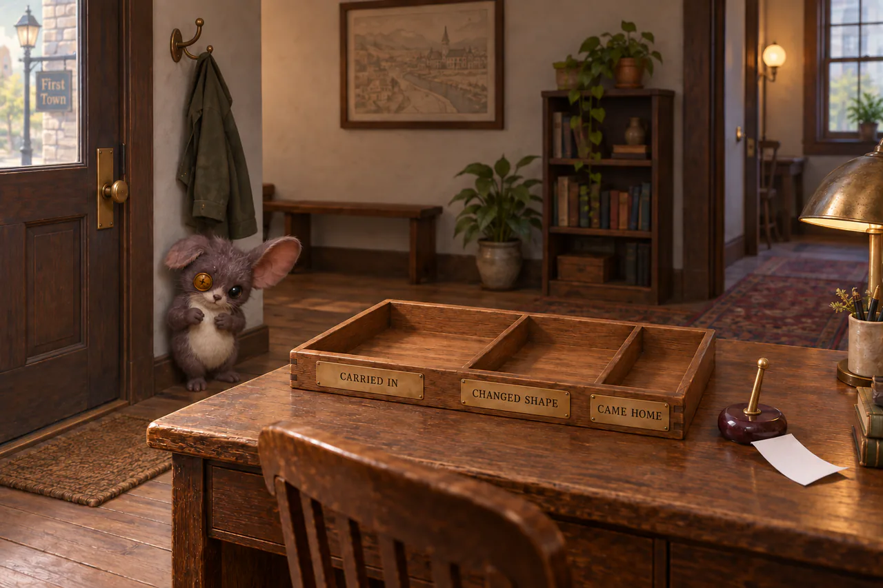 Three unequal empty tray compartments on a wooden desk, a blunt leaning brass receipt spike and a small plum-gray creature with one amber button eye beside the coat hook.