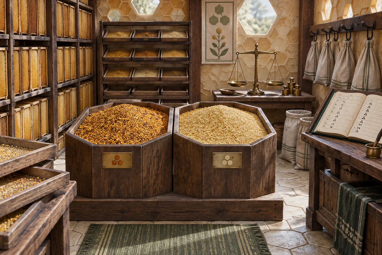 Editorial reconstruction of a dry honeycomb granary with sorting trays, scale, ledger and two bins of visibly different pollen grades