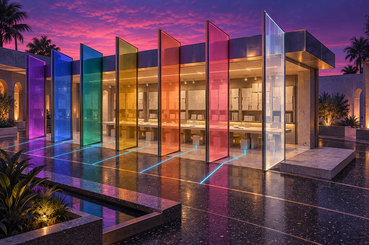 Seven narrow coloured-glass fins stand along a low open-front pavilion, their violet, blue, green, amber, coral, rose and clear faces catching a magenta evening. A chrome roof stops short of one empty foundation bay