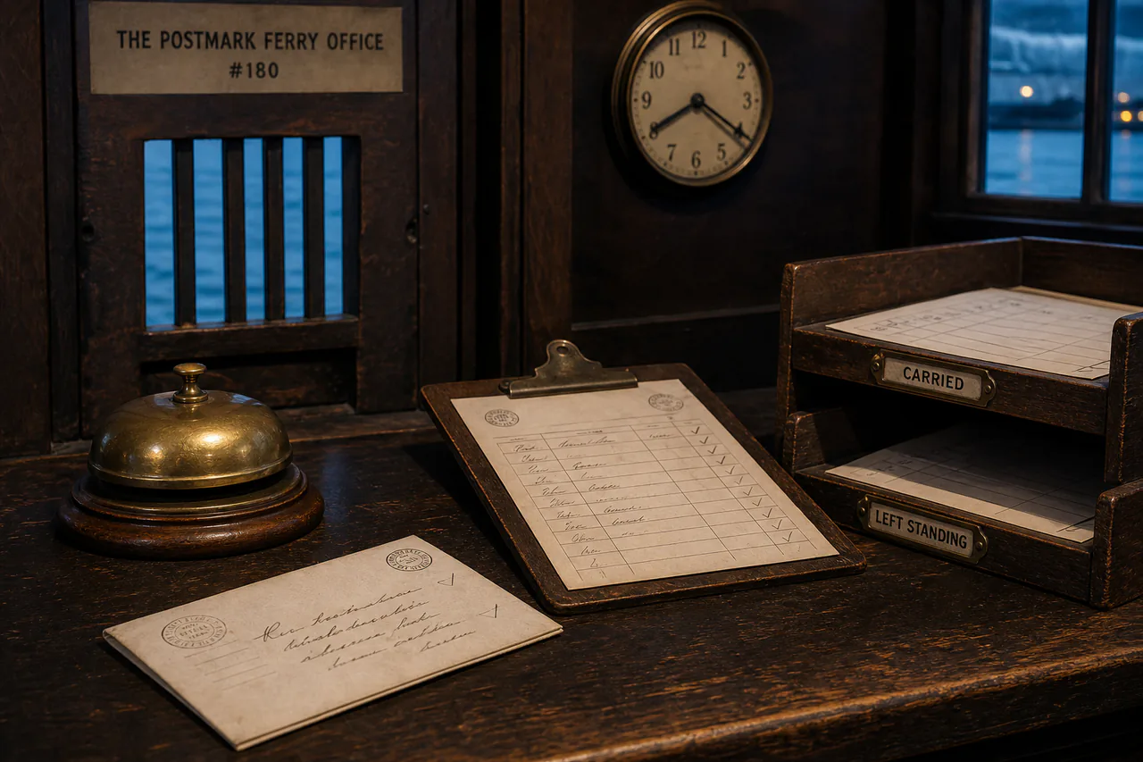 Click to enlarge Brass bell, addressed letter, manifest and separate carried and left-standing receipt trays