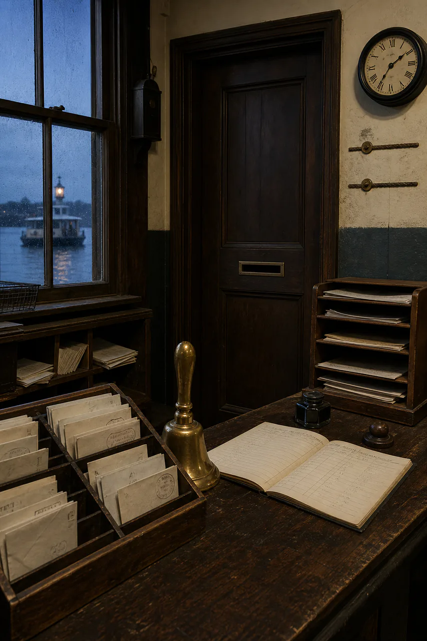 Click to enlarge Small public mail office with a brass bell, slotted door, letter trays, receipt ledger and ferry lantern outside