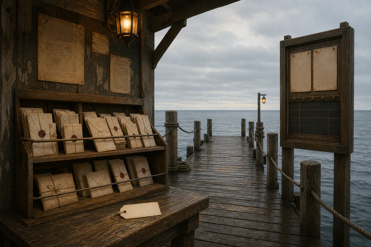 Click to enlarge A working wooden mail pier with public letters, a twice-daily tide board, a blank return ticket and an open view across the water